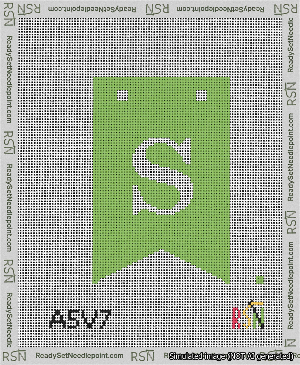 A taped needlepoint canvas with the design: Banner 13 mesh count Forked S White on Light Green.
