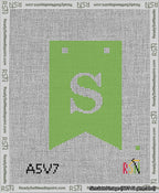 A taped needlepoint canvas with the design: Banner 13 mesh count Forked S White on Light Green.