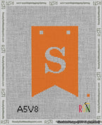 A taped needlepoint canvas with the design: Banner 13 mesh count Forked S White on Orange.