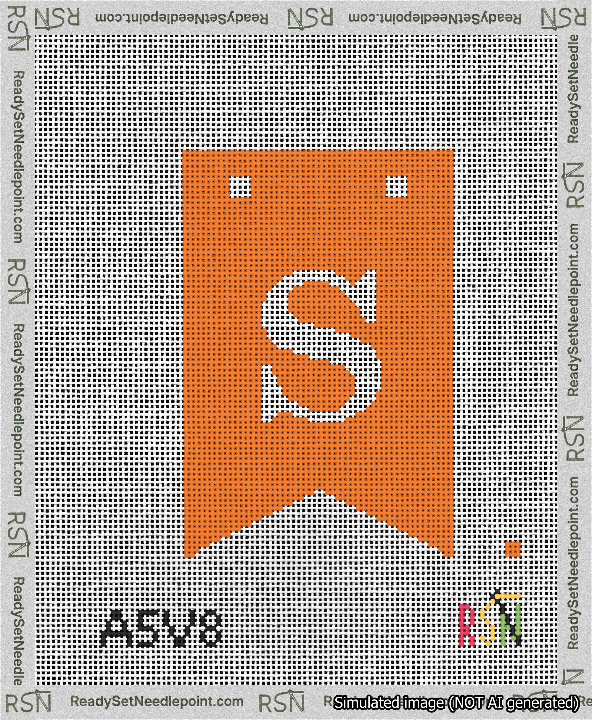 A taped needlepoint canvas with the design: Banner 13 mesh count Forked S White on Orange.