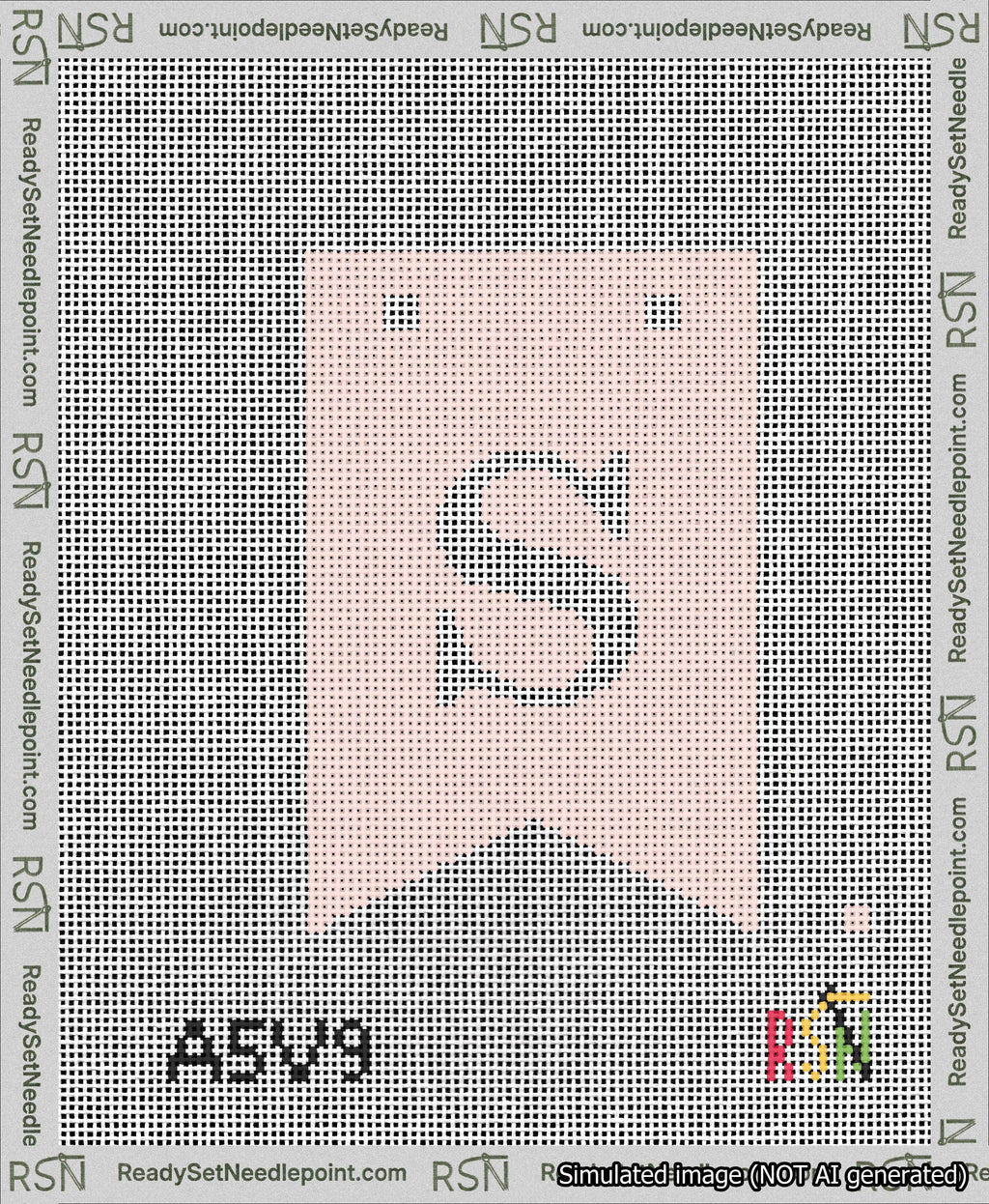 A taped needlepoint canvas with the design: Banner 13 mesh count Forked S White on Pink.