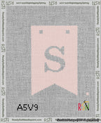 A taped needlepoint canvas with the design: Banner 13 mesh count Forked S White on Pink.