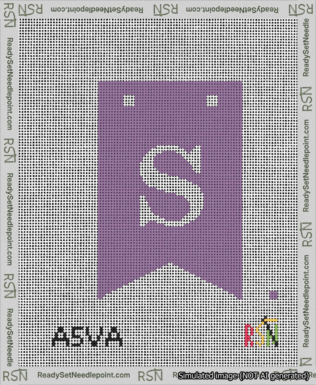 A taped needlepoint canvas with the design: Banner 13 mesh count Forked S White on Purple.