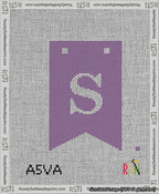 A taped needlepoint canvas with the design: Banner 13 mesh count Forked S White on Purple.