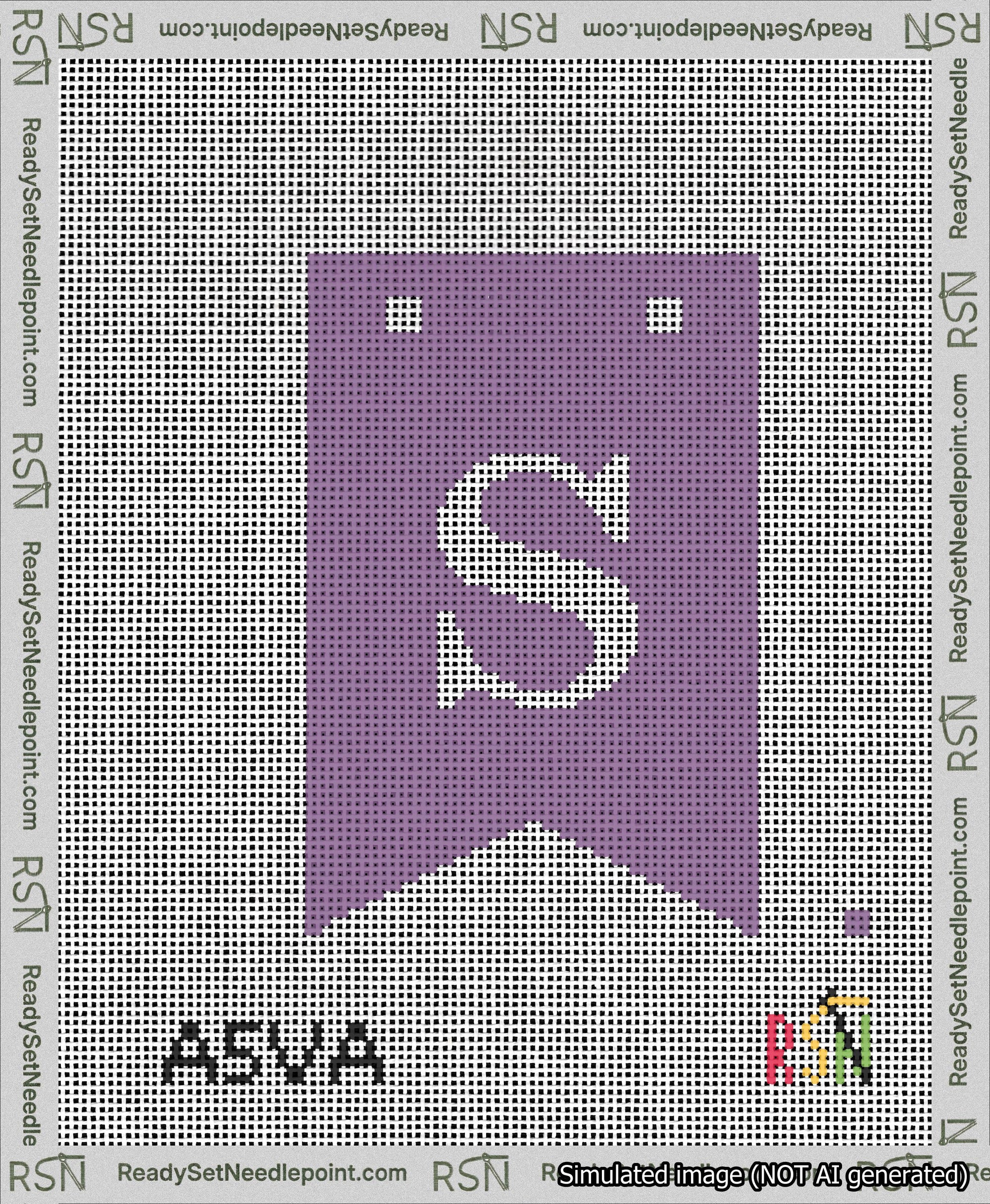 A taped needlepoint canvas with the design: Banner 13 mesh count Forked S White on Purple.