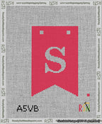 A taped needlepoint canvas with the design: Banner 13 mesh count Forked S White on Red.
