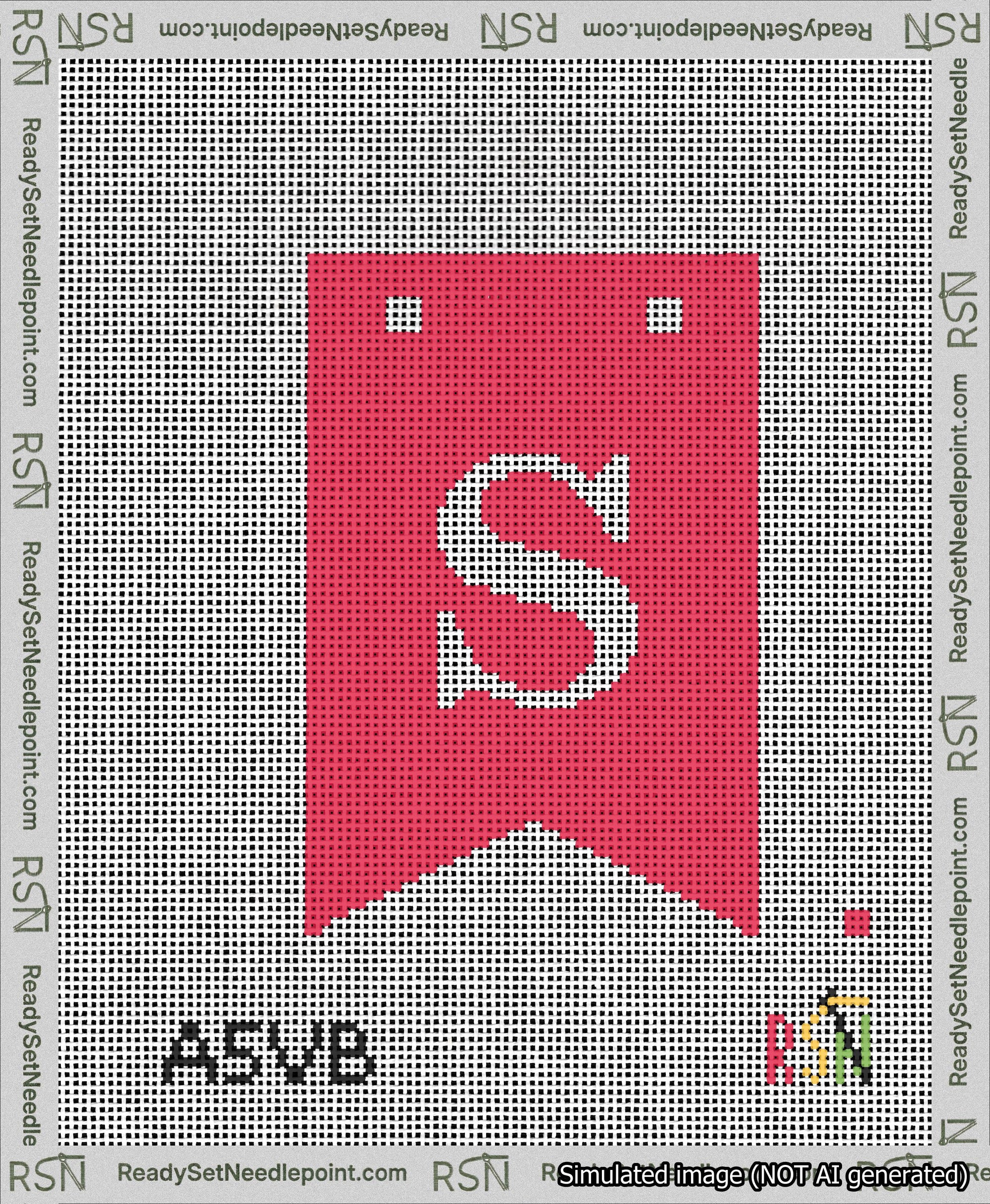 A taped needlepoint canvas with the design: Banner 13 mesh count Forked S White on Red.