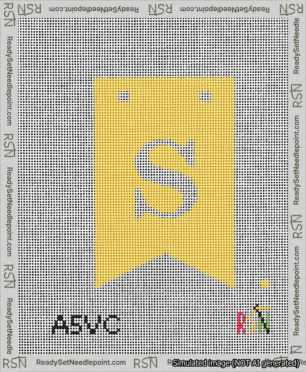 A taped needlepoint canvas with the design: Banner 13 mesh count Forked S White on Yellow.