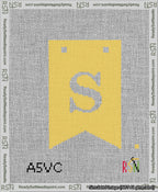 A taped needlepoint canvas with the design: Banner 13 mesh count Forked S White on Yellow.