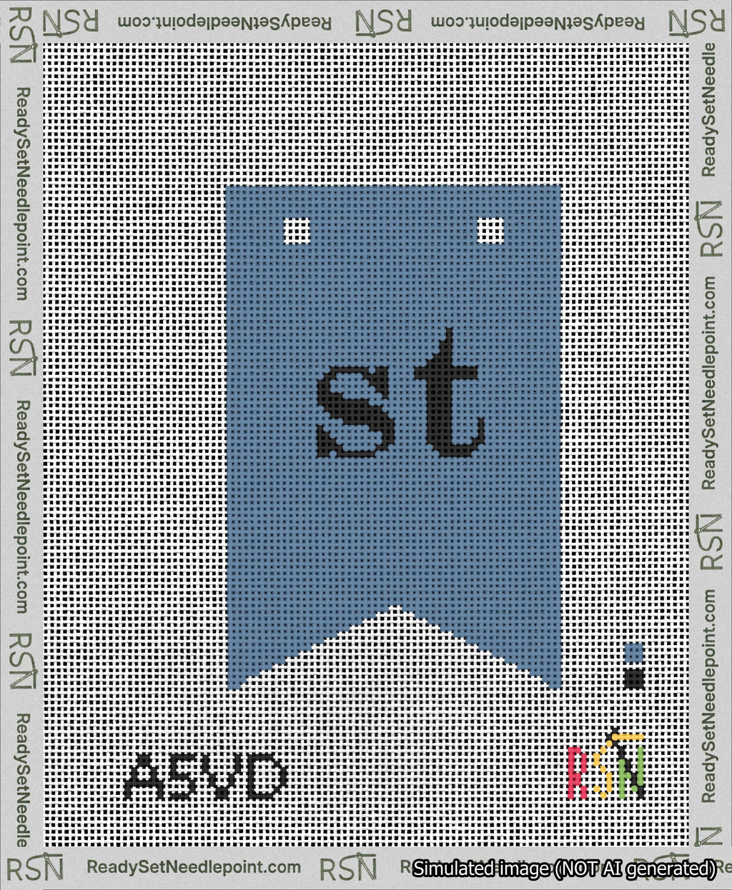 A taped needlepoint canvas with the design: Banner 13 mesh count Forked st Black on Blue.