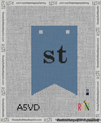 A taped needlepoint canvas with the design: Banner 13 mesh count Forked st Black on Blue.