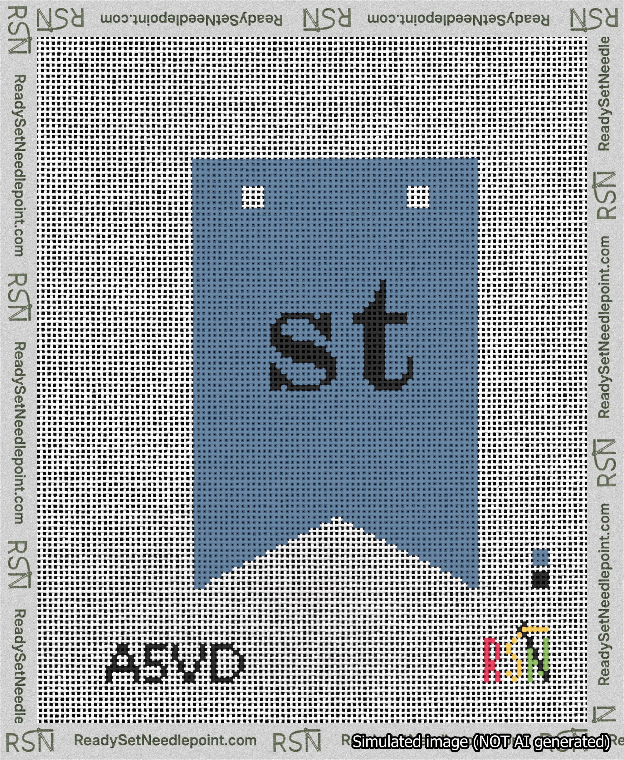 A taped needlepoint canvas with the design: Banner 13 mesh count Forked st Black on Blue.