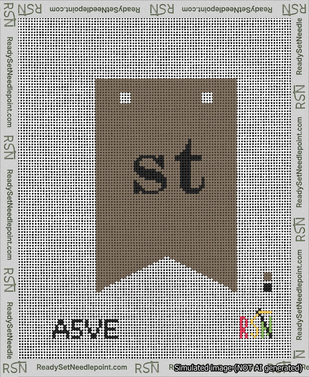 A taped needlepoint canvas with the design: Banner 13 mesh count Forked st Black on Brown.