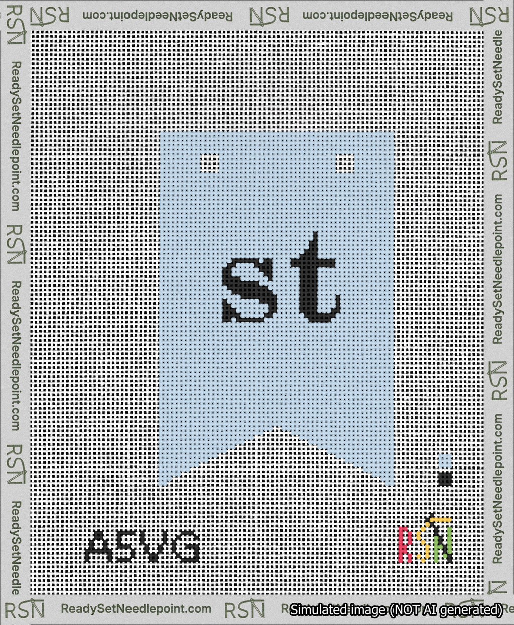 A taped needlepoint canvas with the design: Banner 13 mesh count Forked st Black on Light Blue.