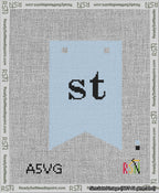 A taped needlepoint canvas with the design: Banner 13 mesh count Forked st Black on Light Blue.
