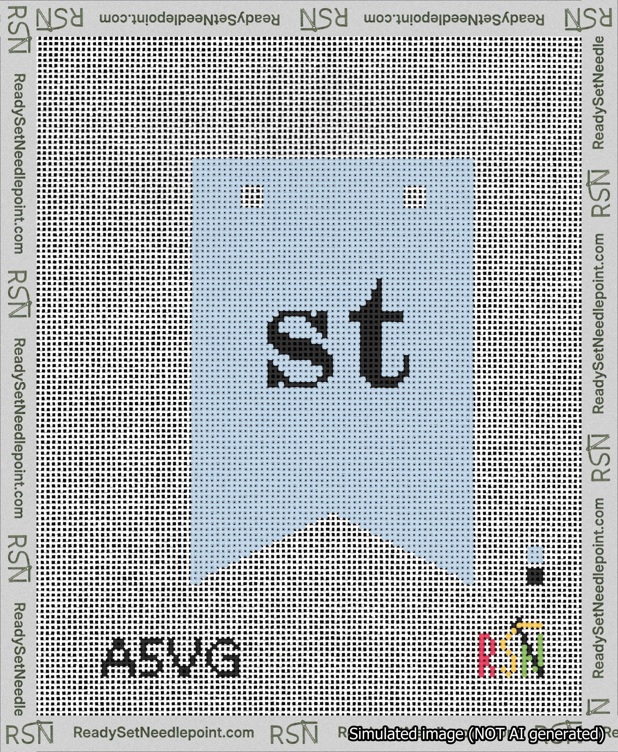 A taped needlepoint canvas with the design: Banner 13 mesh count Forked st Black on Light Blue.