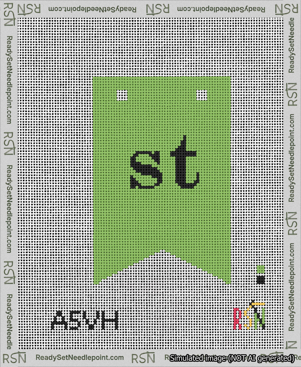 A taped needlepoint canvas with the design: Banner 13 mesh count Forked st Black on Light Green.