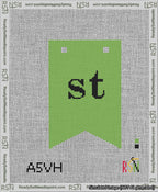 A taped needlepoint canvas with the design: Banner 13 mesh count Forked st Black on Light Green.