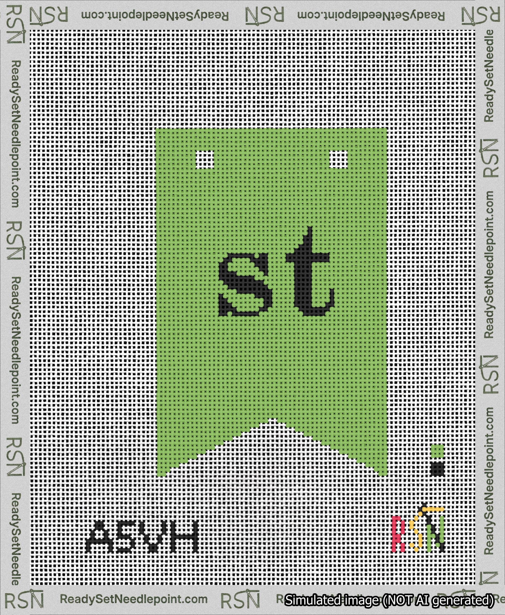 A taped needlepoint canvas with the design: Banner 13 mesh count Forked st Black on Light Green.