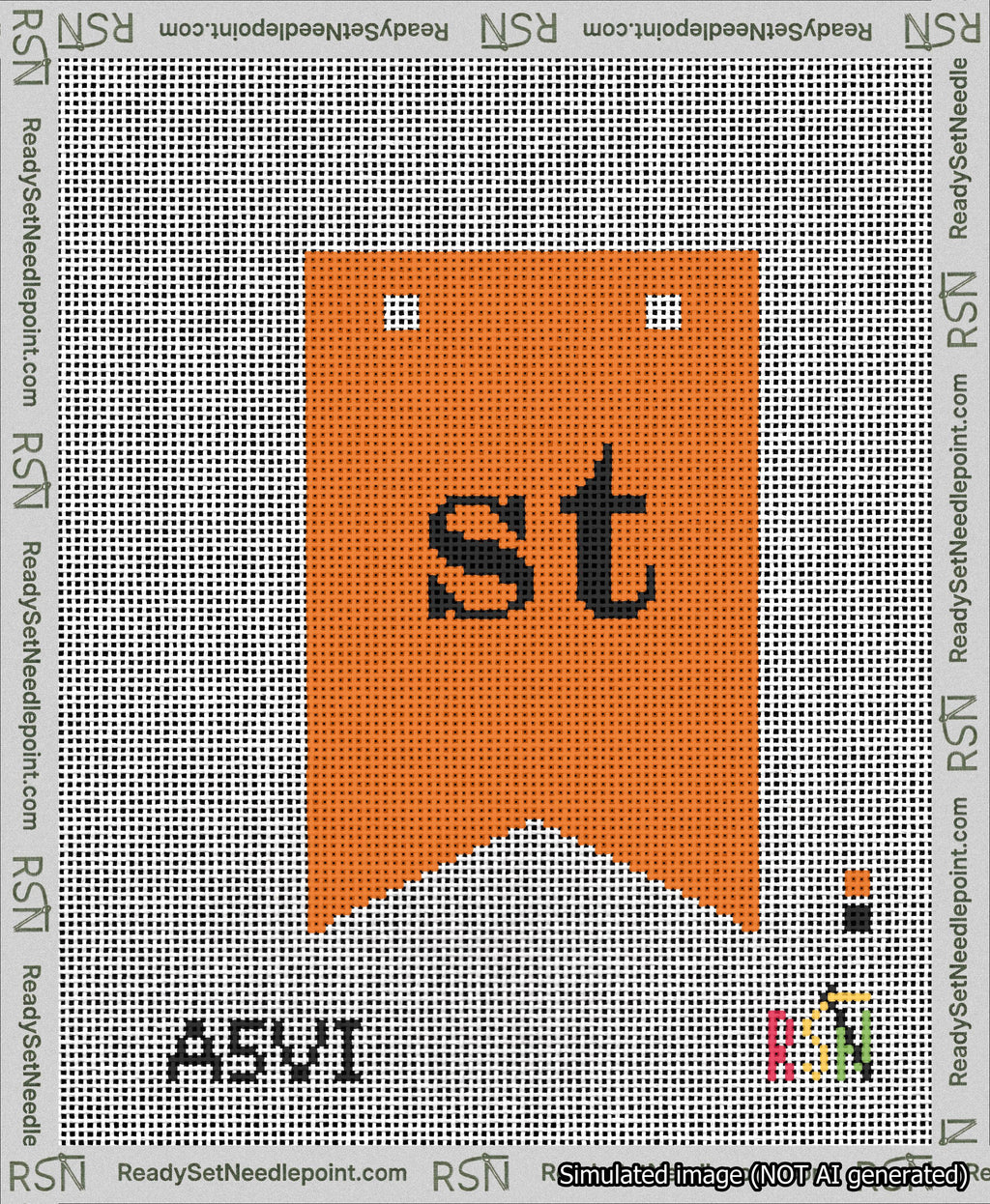 A taped needlepoint canvas with the design: Banner 13 mesh count Forked st Black on Orange.