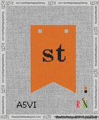 A taped needlepoint canvas with the design: Banner 13 mesh count Forked st Black on Orange.