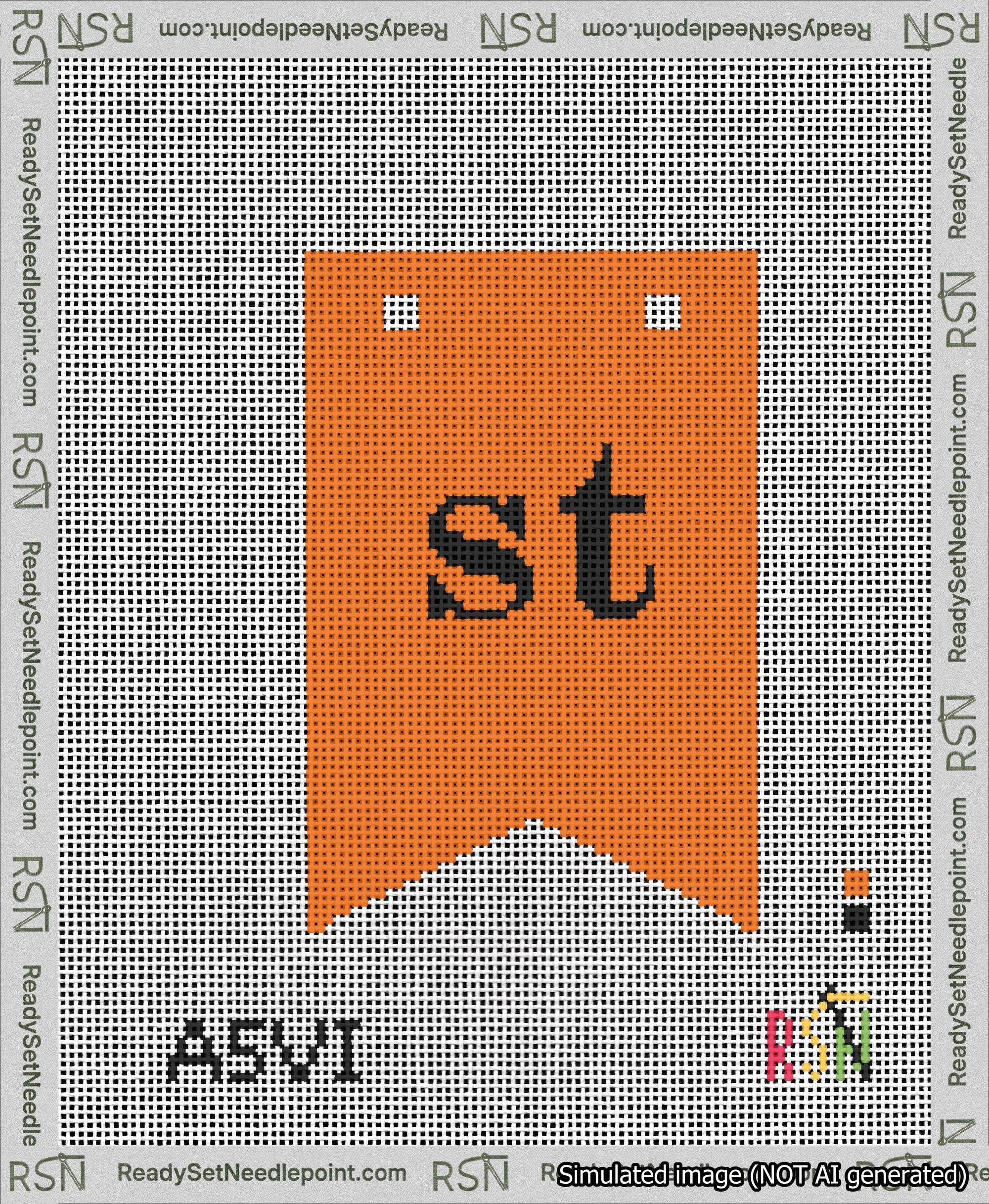 A taped needlepoint canvas with the design: Banner 13 mesh count Forked st Black on Orange.