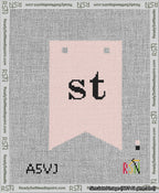 A taped needlepoint canvas with the design: Banner 13 mesh count Forked st Black on Pink.
