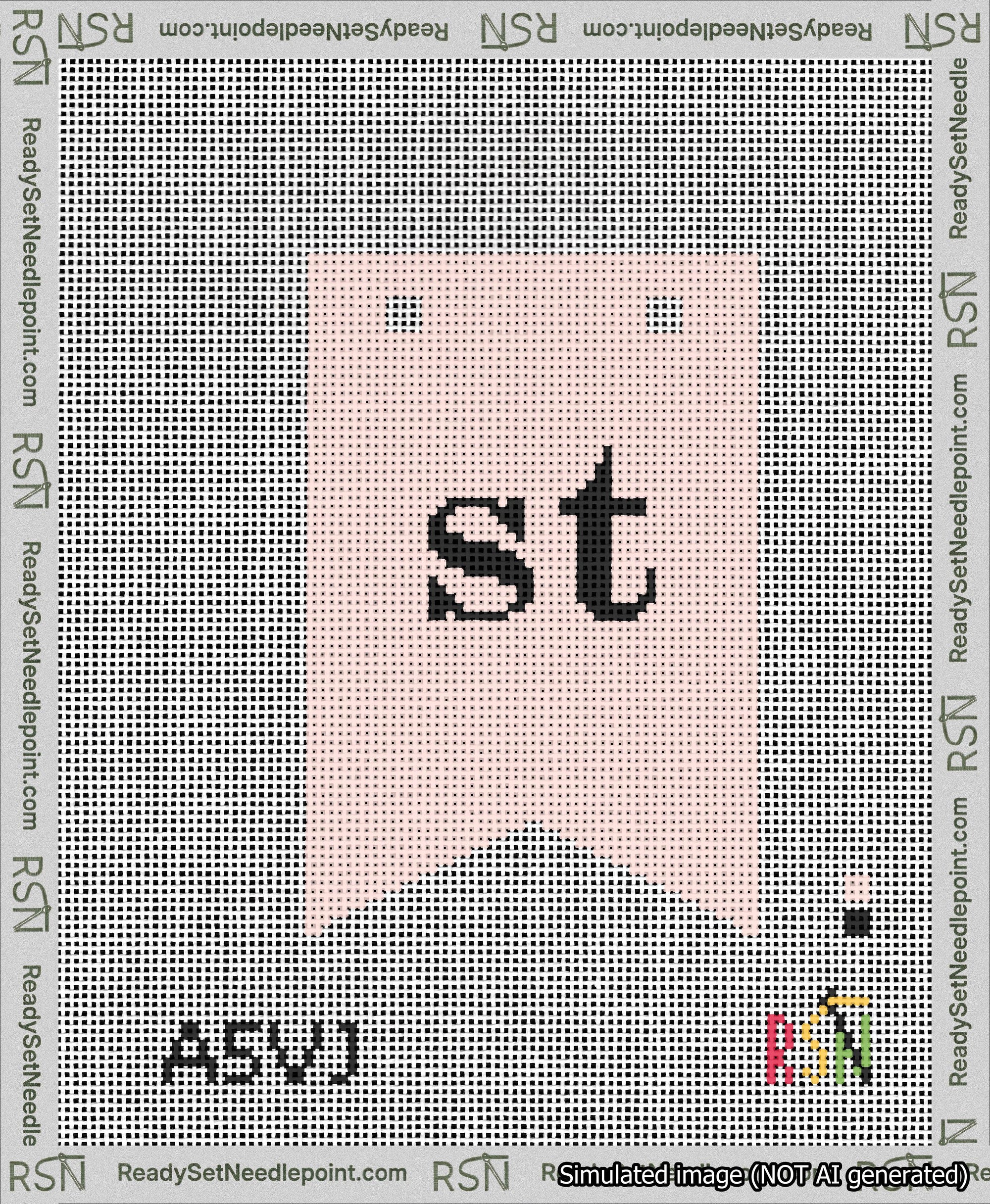 A taped needlepoint canvas with the design: Banner 13 mesh count Forked st Black on Pink.