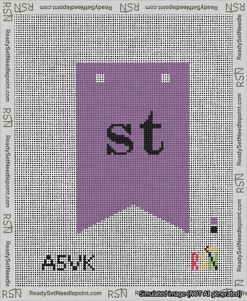 A taped needlepoint canvas with the design: Banner 13 mesh count Forked st Black on Purple.