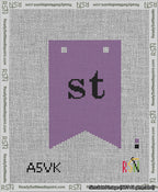 A taped needlepoint canvas with the design: Banner 13 mesh count Forked st Black on Purple.