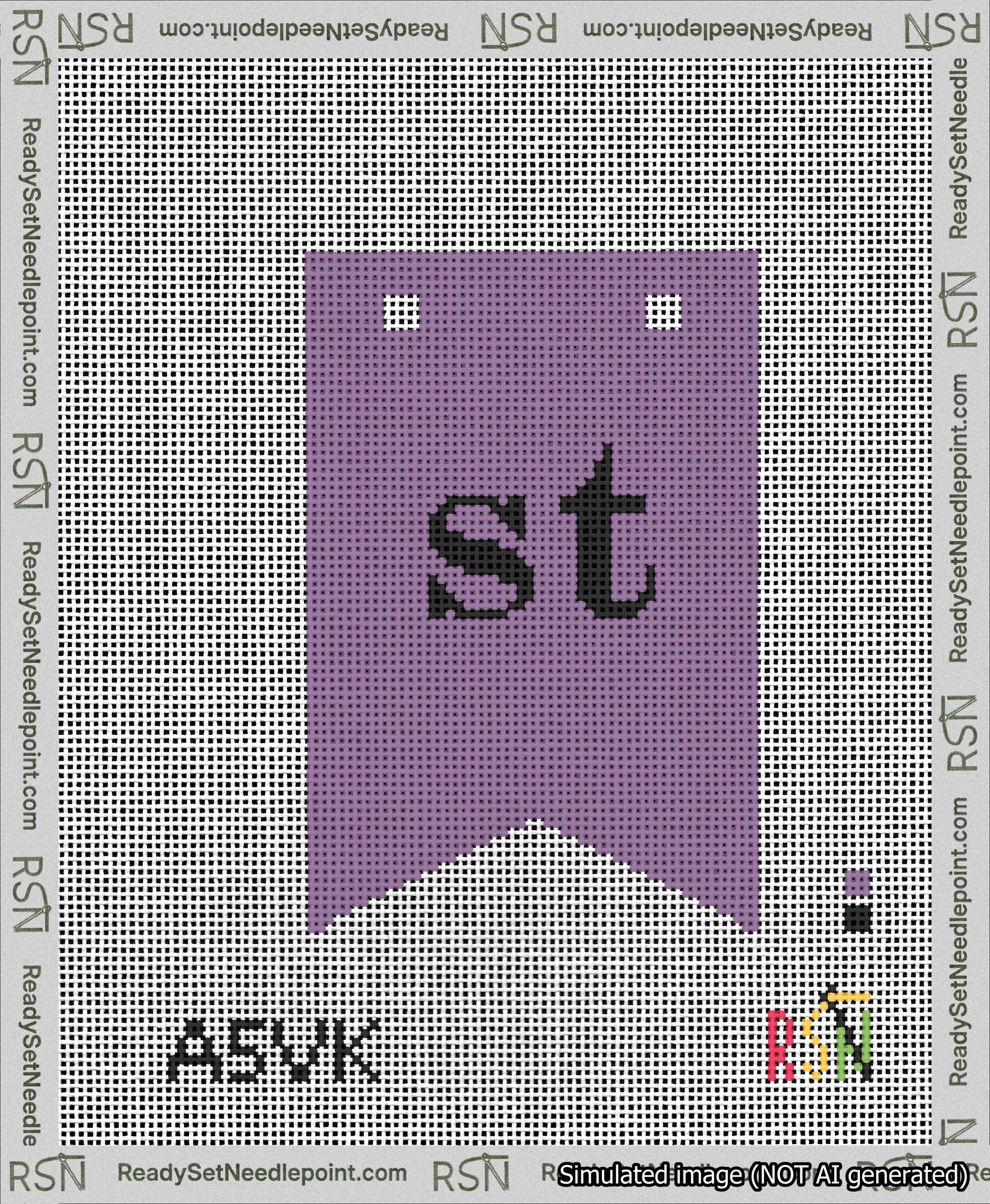 A taped needlepoint canvas with the design: Banner 13 mesh count Forked st Black on Purple.