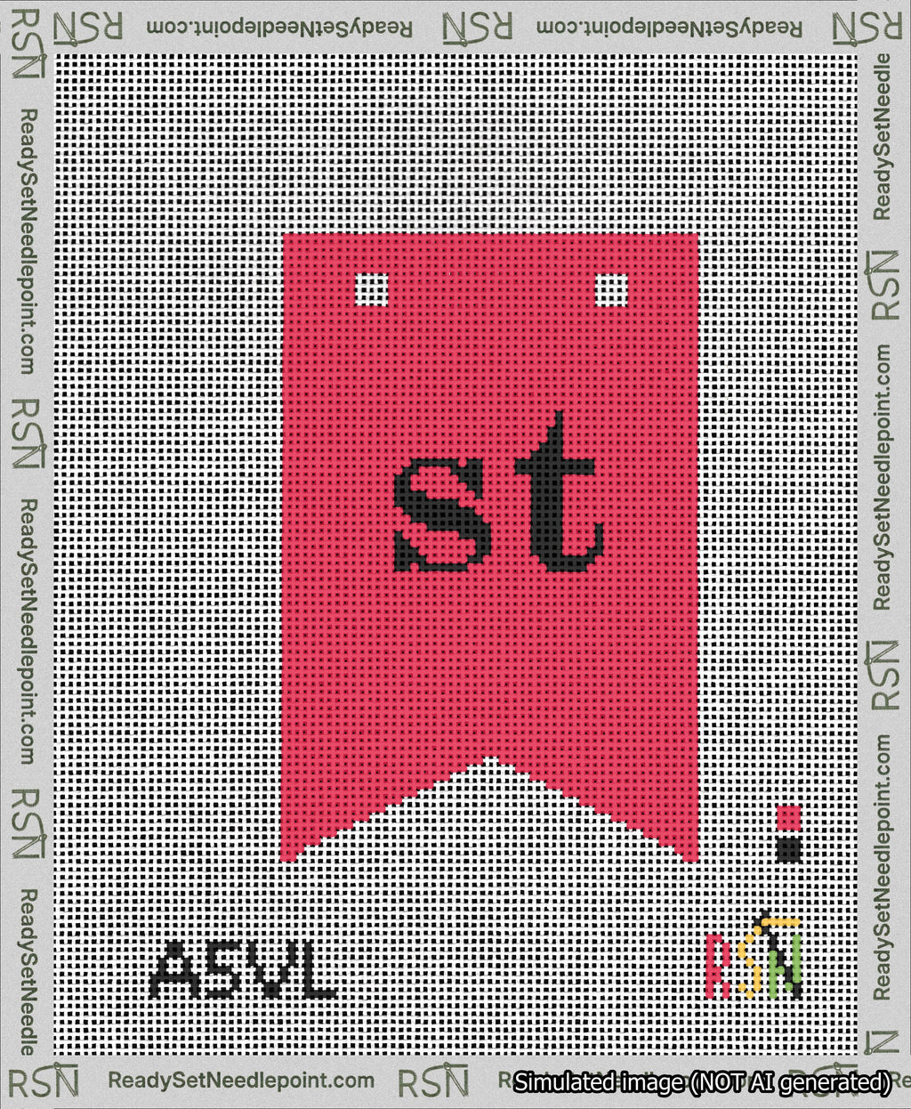 A taped needlepoint canvas with the design: Banner 13 mesh count Forked st Black on Red.