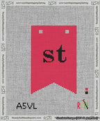 A taped needlepoint canvas with the design: Banner 13 mesh count Forked st Black on Red.