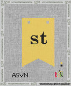 A taped needlepoint canvas with the design: Banner 13 mesh count Forked st Black on Yellow.