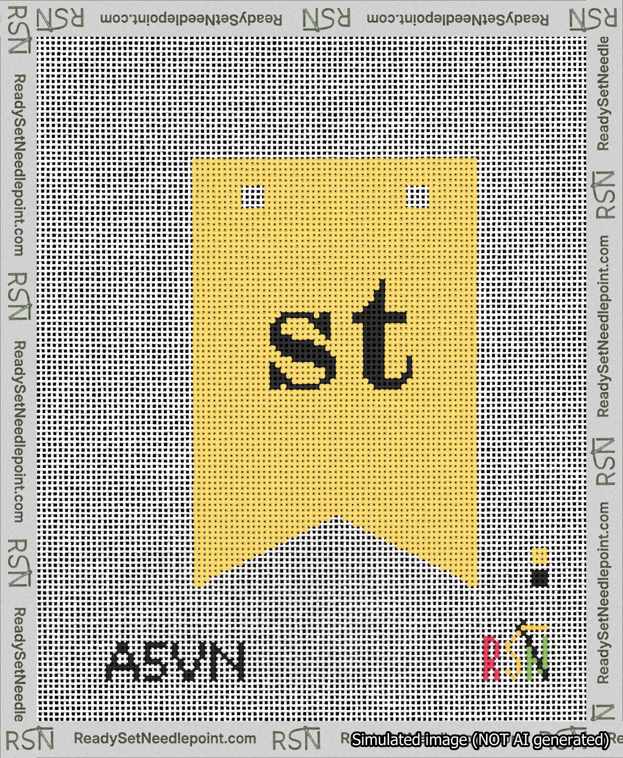 A taped needlepoint canvas with the design: Banner 13 mesh count Forked st Black on Yellow.