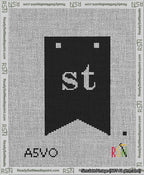 A taped needlepoint canvas with the design: Banner 13 mesh count Forked st White on Black.