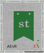 A taped needlepoint canvas with the design: Banner 13 mesh count Forked st White on Green.