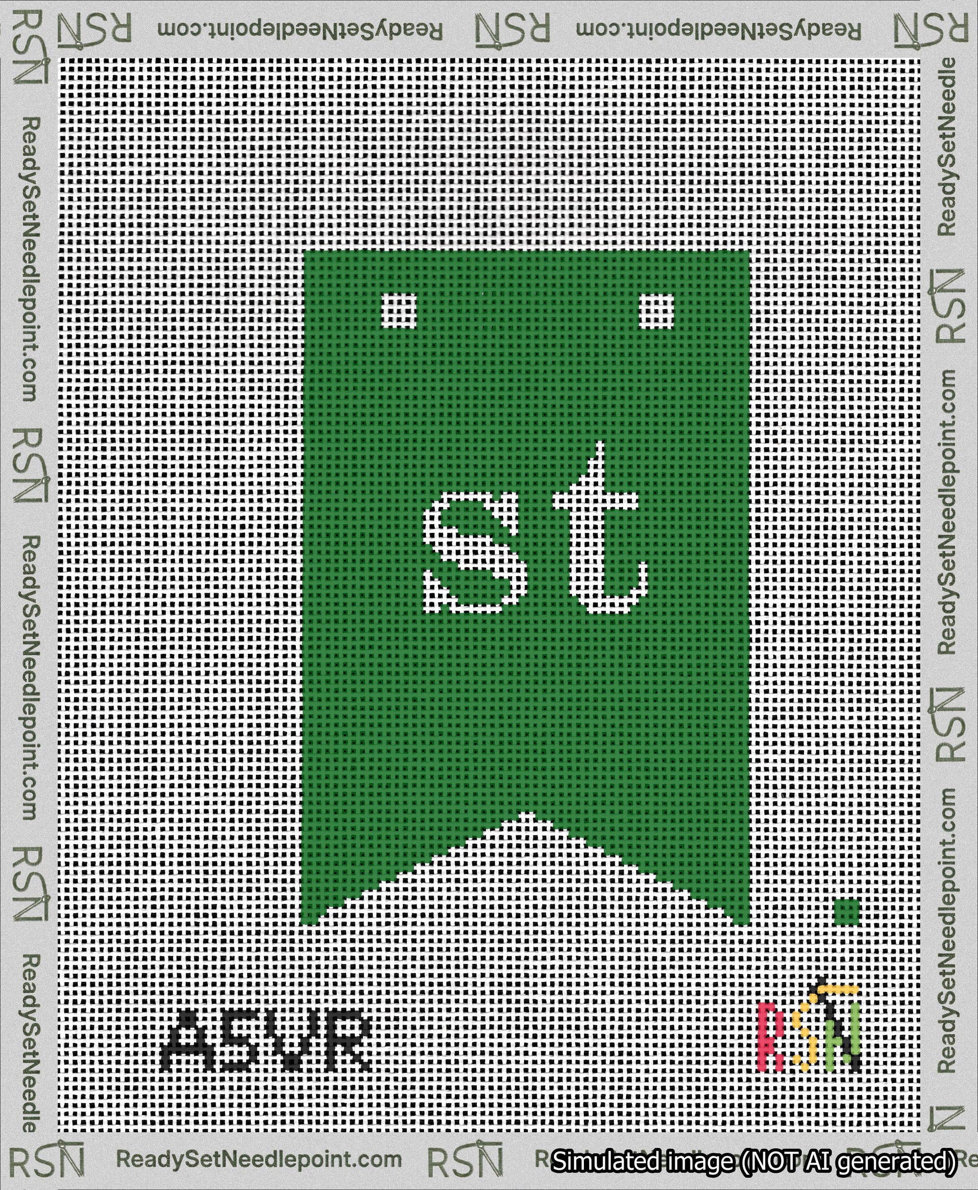 A taped needlepoint canvas with the design: Banner 13 mesh count Forked st White on Green.