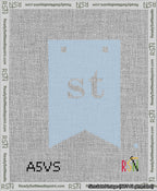 A taped needlepoint canvas with the design: Banner 13 mesh count Forked st White on Light Blue.