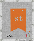 A taped needlepoint canvas with the design: Banner 13 mesh count Forked st White on Orange.