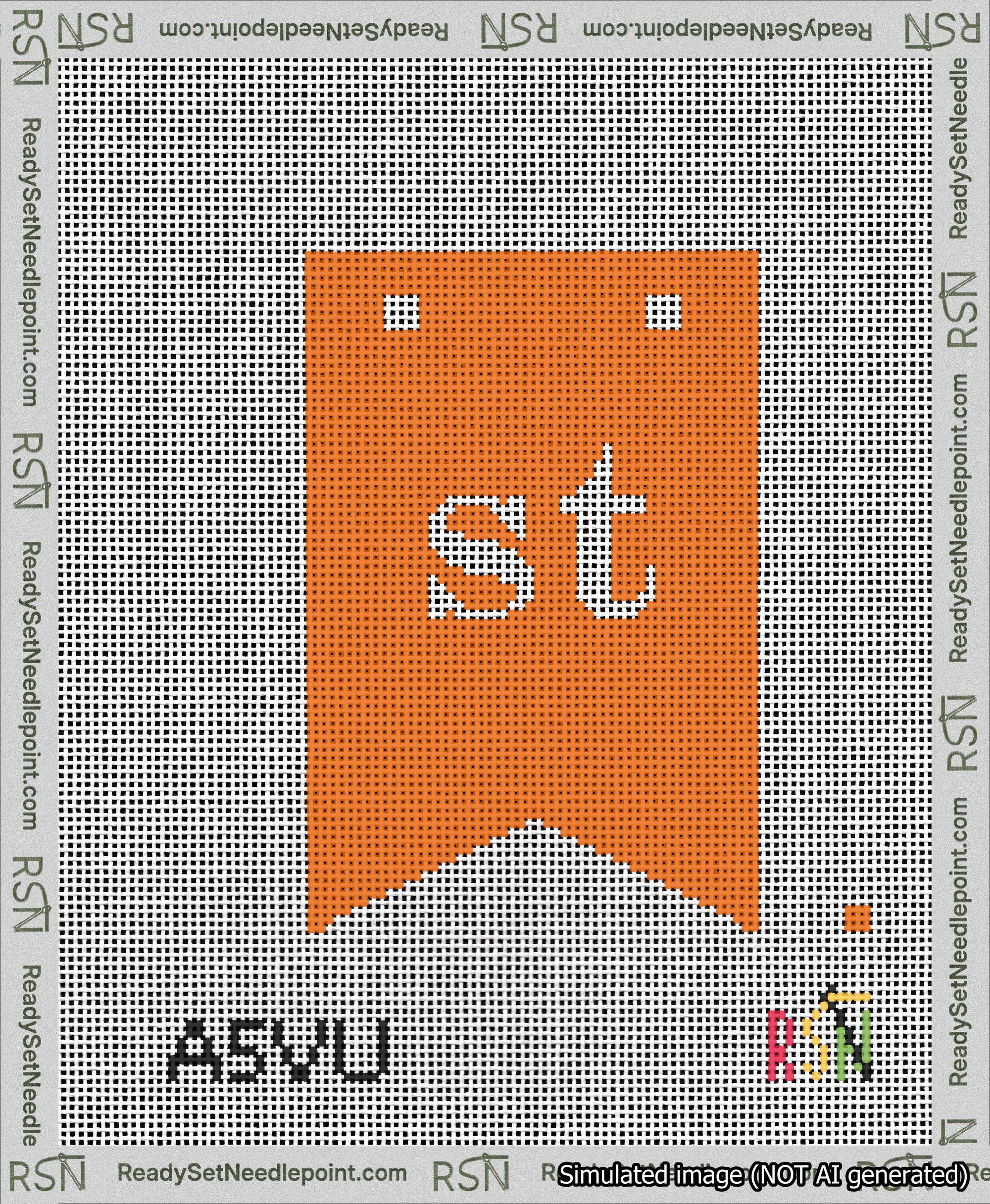 A taped needlepoint canvas with the design: Banner 13 mesh count Forked st White on Orange.