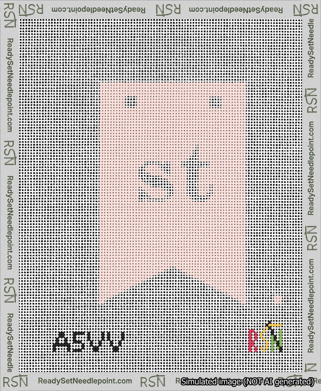 A taped needlepoint canvas with the design: Banner 13 mesh count Forked st White on Pink.