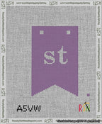 A taped needlepoint canvas with the design: Banner 13 mesh count Forked st White on Purple.