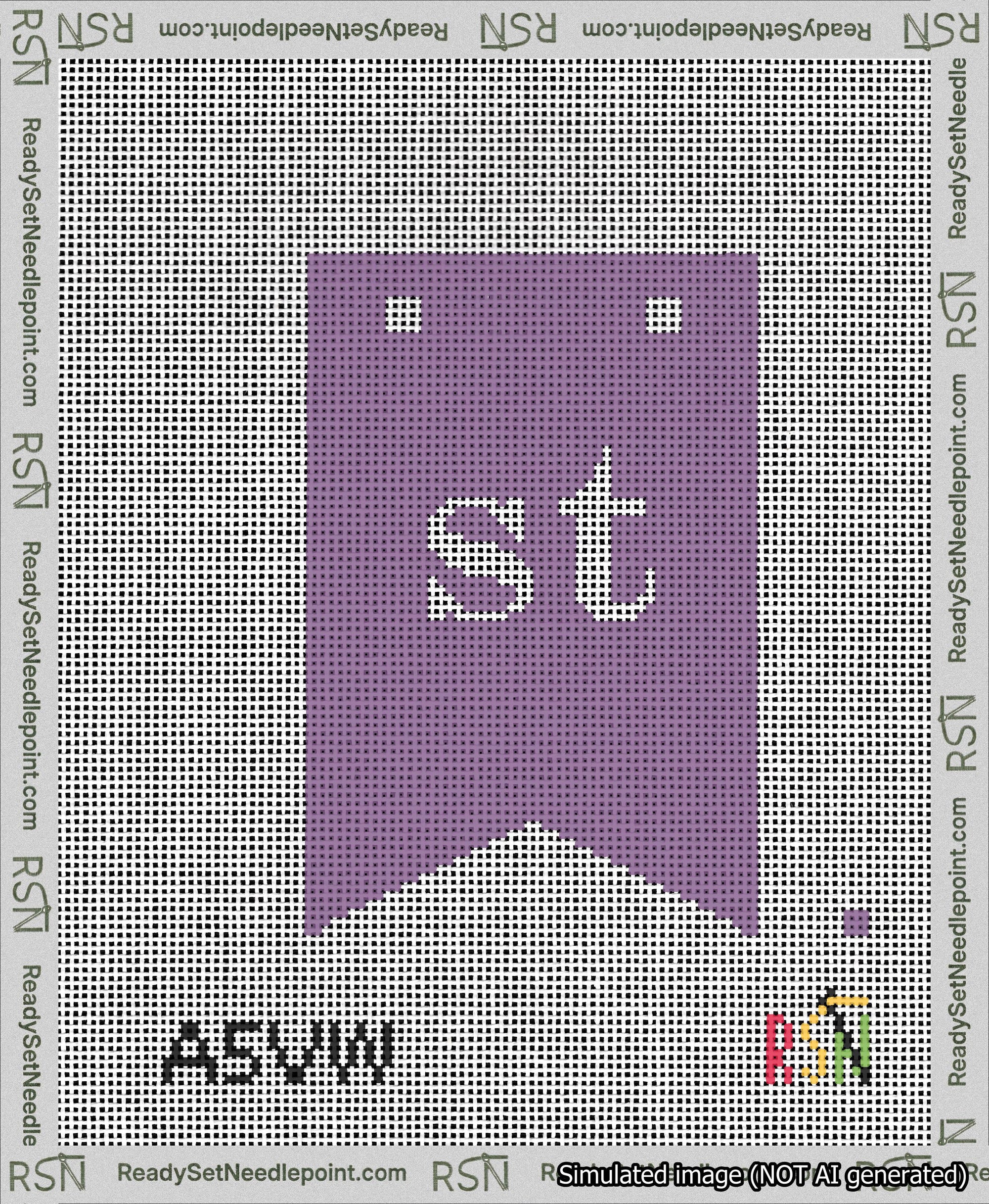 A taped needlepoint canvas with the design: Banner 13 mesh count Forked st White on Purple.