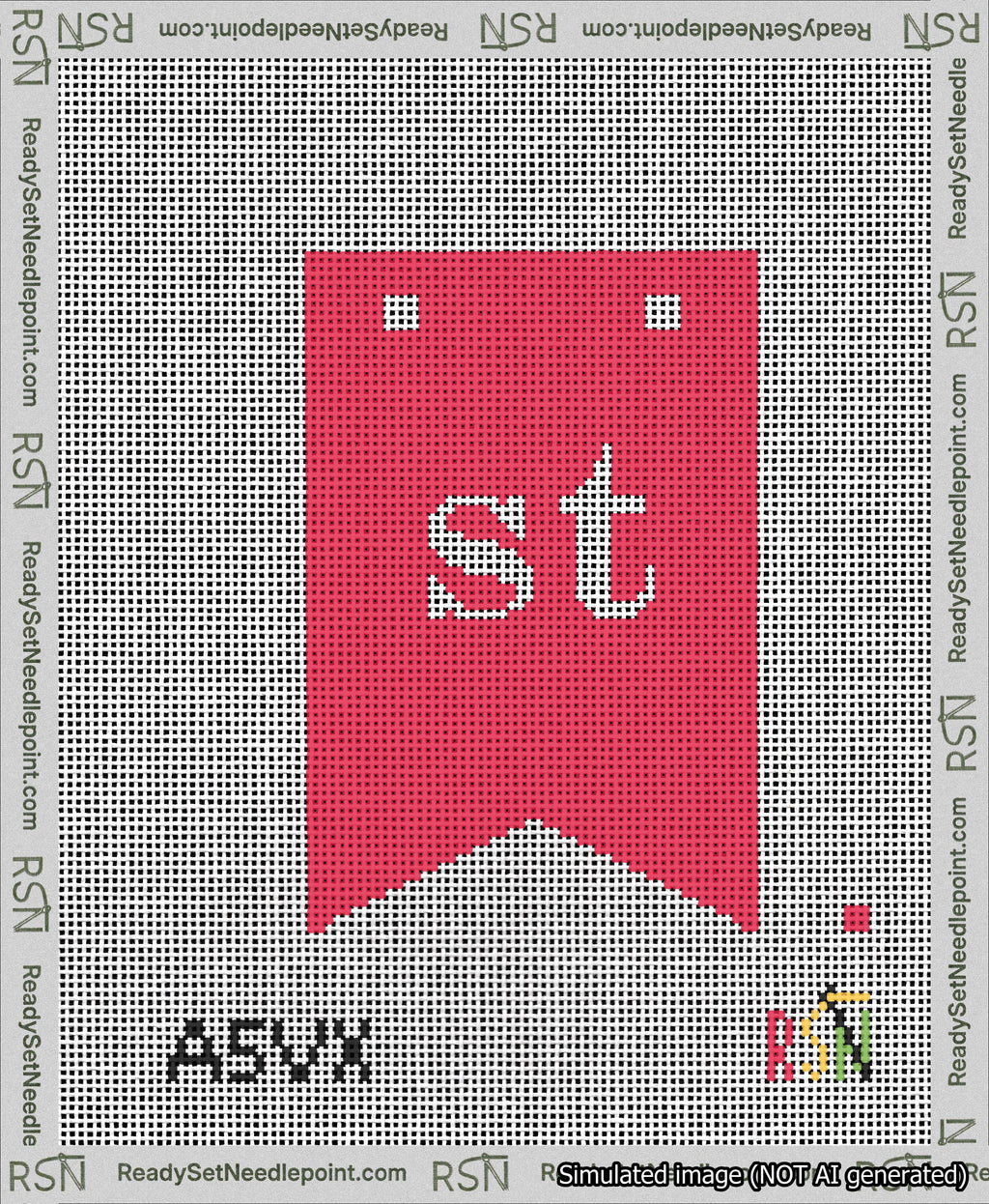 A taped needlepoint canvas with the design: Banner 13 mesh count Forked st White on Red.