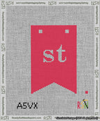 A taped needlepoint canvas with the design: Banner 13 mesh count Forked st White on Red.