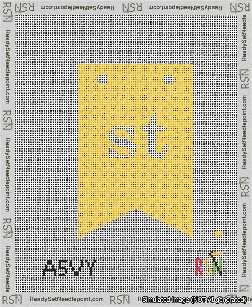 A taped needlepoint canvas with the design: Banner 13 mesh count Forked st White on Yellow.