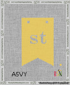 A taped needlepoint canvas with the design: Banner 13 mesh count Forked st White on Yellow.