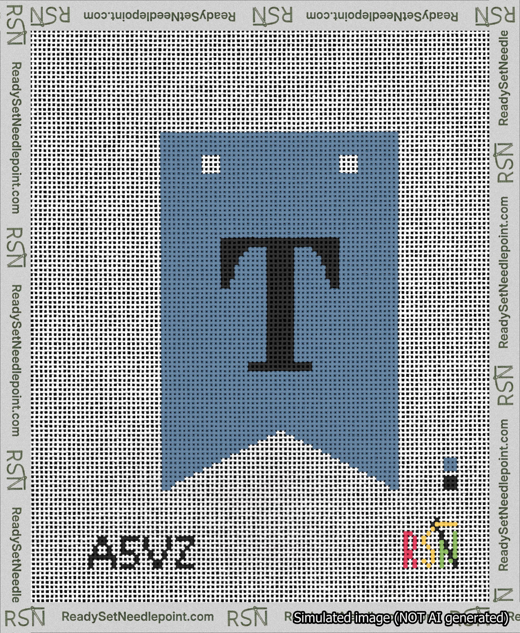 A taped needlepoint canvas with the design: Banner 13 mesh count Forked T Black on Blue.