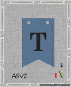 A taped needlepoint canvas with the design: Banner 13 mesh count Forked T Black on Blue.